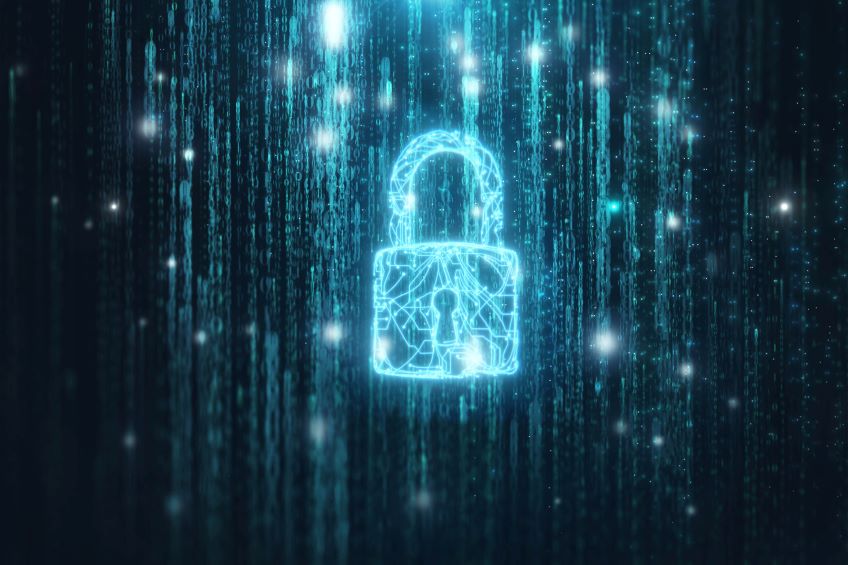 A digital illustration of a padlock with a complex network pattern on its surface, set against a backdrop of data streaming vertically in glowing blue and white colors