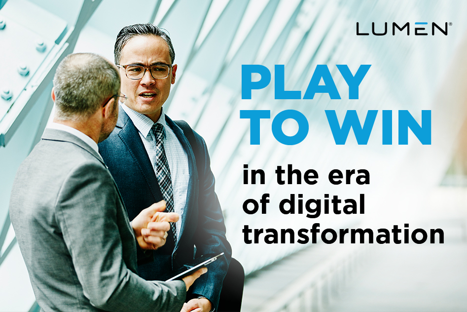 Two individuals conversing while in business attire. Overlaid text reads "Play to win in the era of digital transformation" with the word ‘"Lumen" at the top left corner.