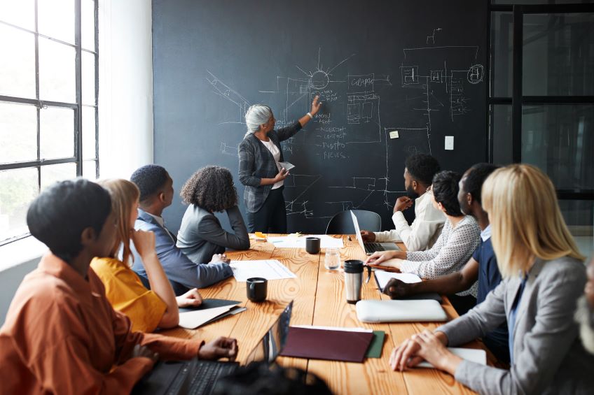 Business people at a table looking at blackboard with diagrams