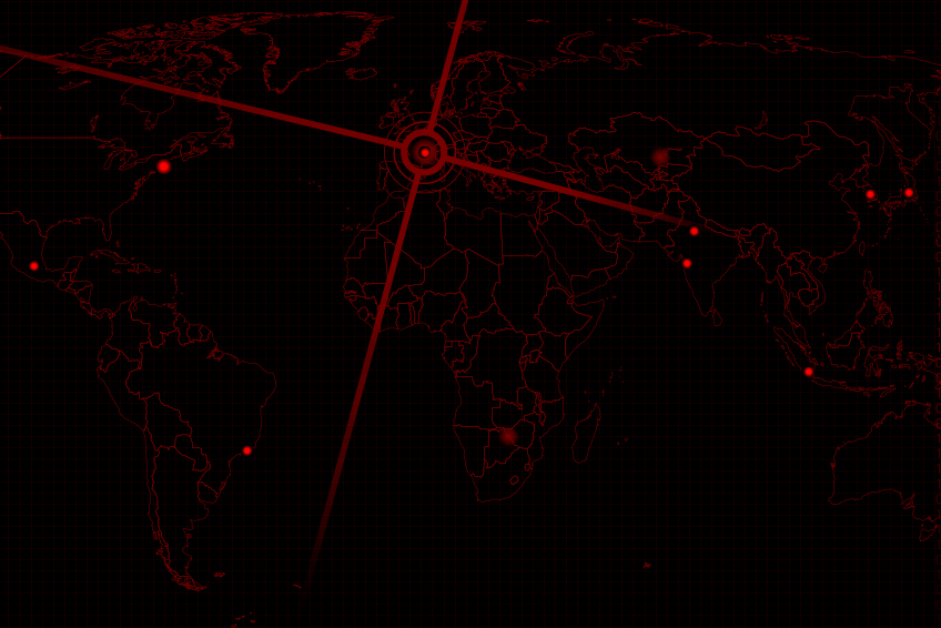 World map with red target on Europe and points on other cities