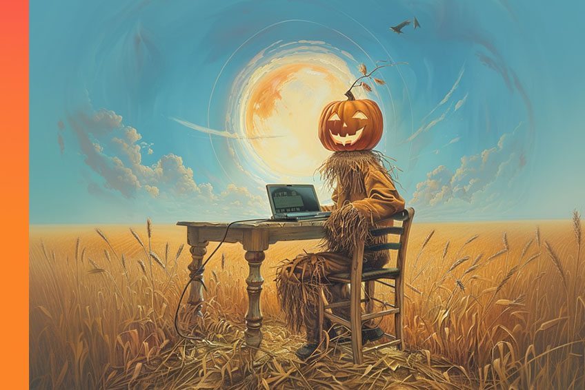 A whimsical depiction of a scarecrow with a jack-o-lantern head, seated at a desk with an open laptop in the middle of a cornfield.