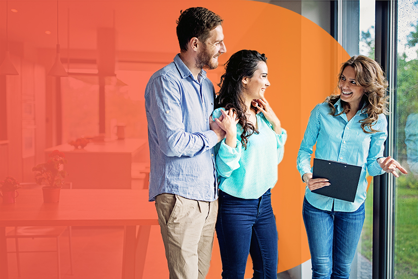 A person holding a tablet has a pleasant conversation with a couple over an orange background