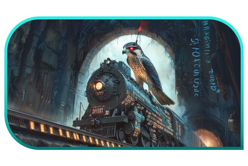 An illustrated image of a bird of prey with red glowing eyes on top of a train entering a dark tunnel